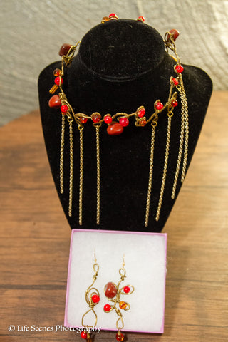 Red Jasper, Red Coral & Amber Choker & Earring Set