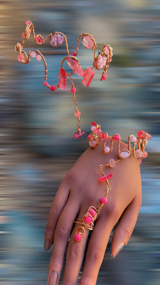 Strawberry Quartz, Pink Opal & Rose Quartz (Set with Bracelet+ Ring Chain & Choker)