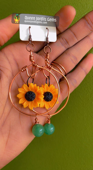 Sunflower Copper Hoop Earrings w/ Green Aventurine
